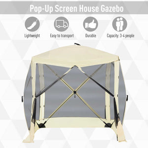 Pop-Up Tent, Foldable Screen Tent with Carry Bag, Zippered Door and Ground Stakes, Fits 3-4 People, Beige