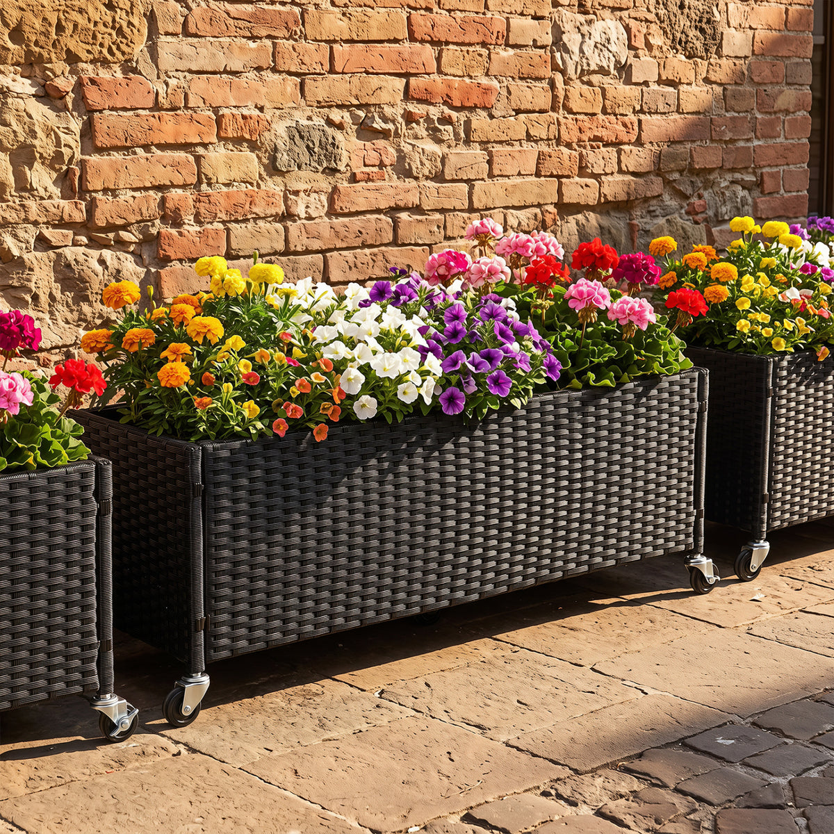 Raised Garden Bed PE Rattan Wicker Patio Planter Box with Liner and Wheels view 2