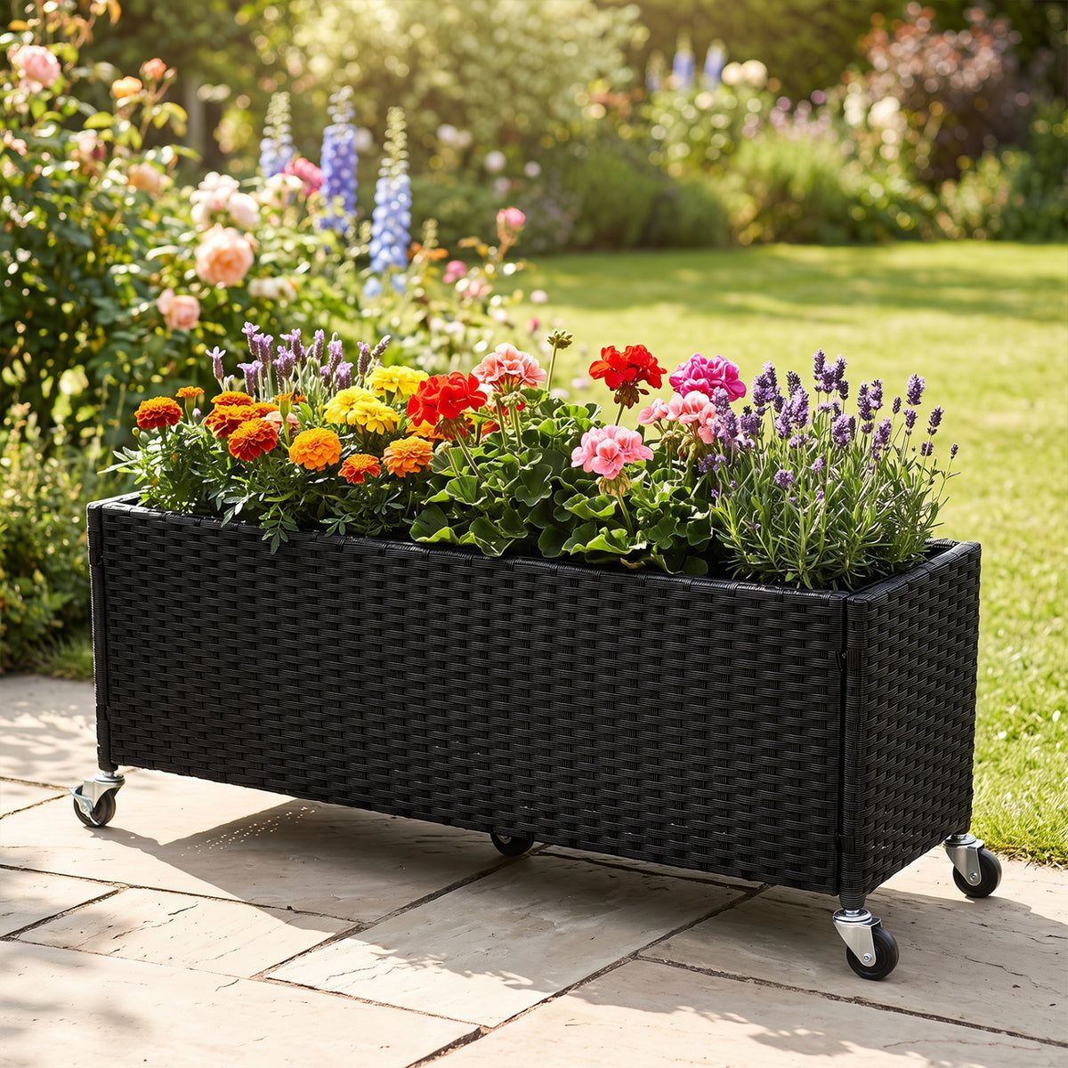 Raised Garden Bed PE Rattan Wicker Patio Planter Box with Liner and Wheels view 3