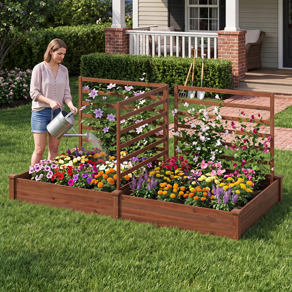 Raised Garden Bed with 2 Planter Boxes and 3 Trellis-Brown view 2