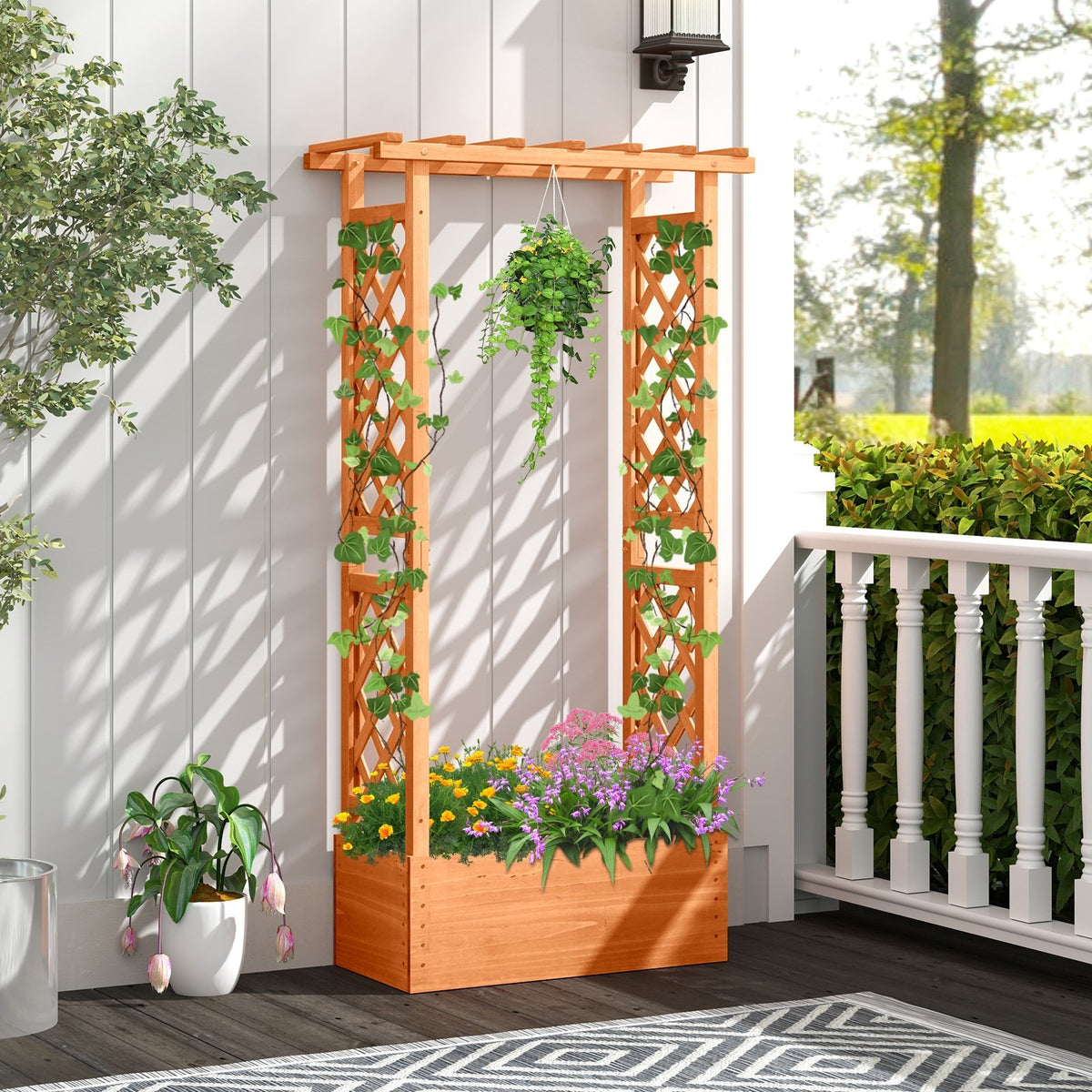 Raised Garden Bed with Side Trellis and Hanging Roof and Drainage Hole-Orange view 3