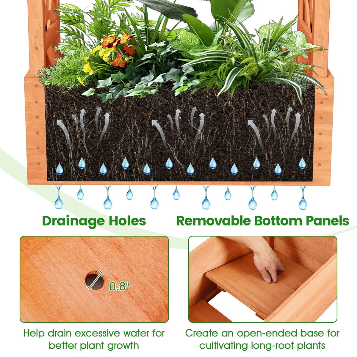 Raised Garden Bed with Side Trellis and Hanging Roof and Drainage Hole-Orange view 7