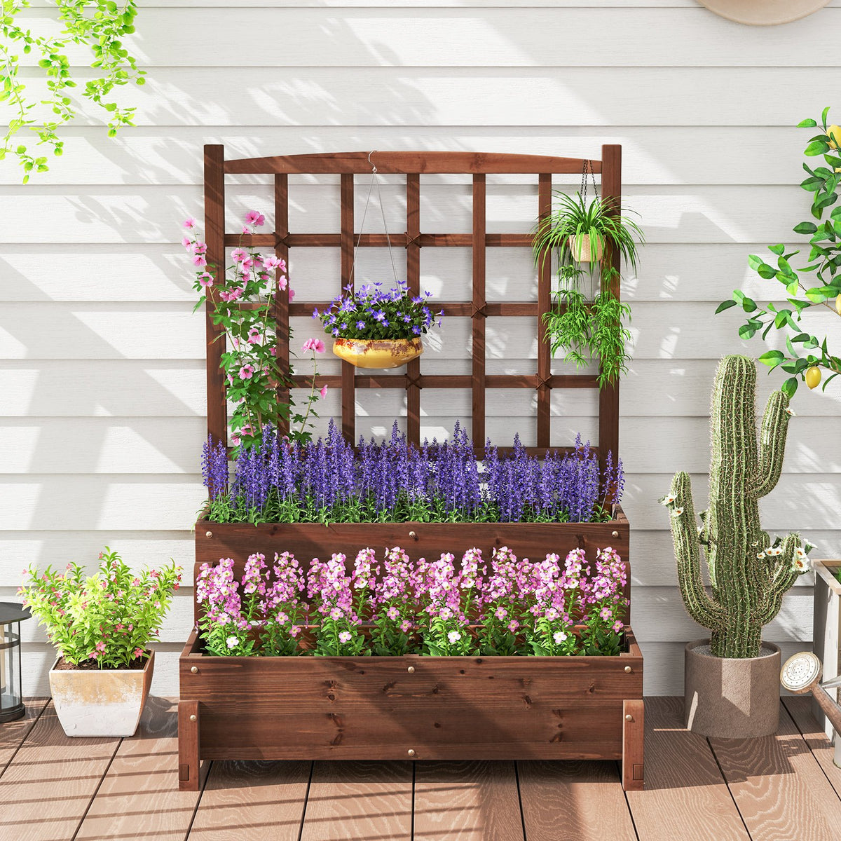 Raised Garden Bed with Trellis 2-tier Wood Planter Box with Drainage Holes-Rustic Brown view 3