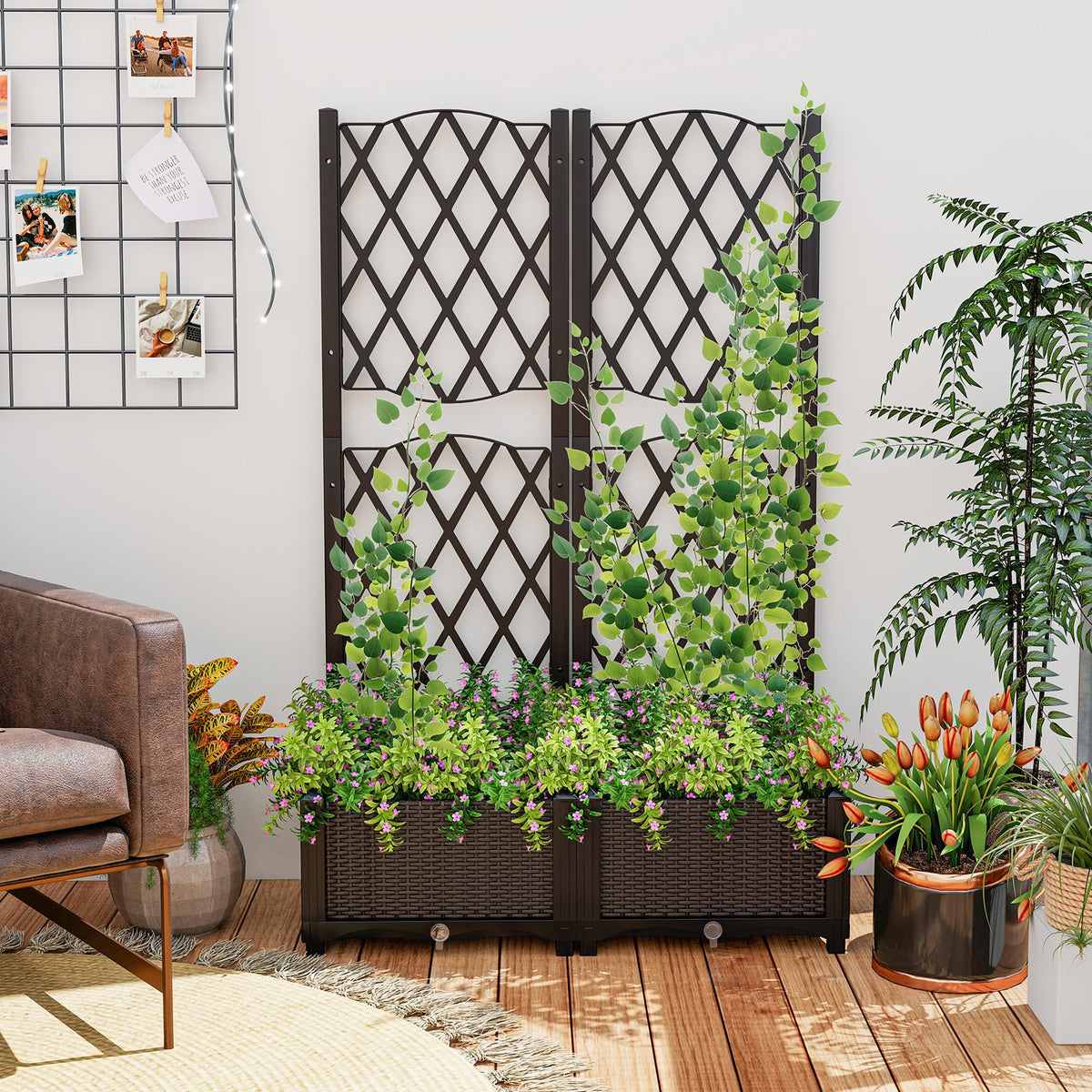 Raised Garden Bed with Trellis for Climbing Plants-Coffee view 3