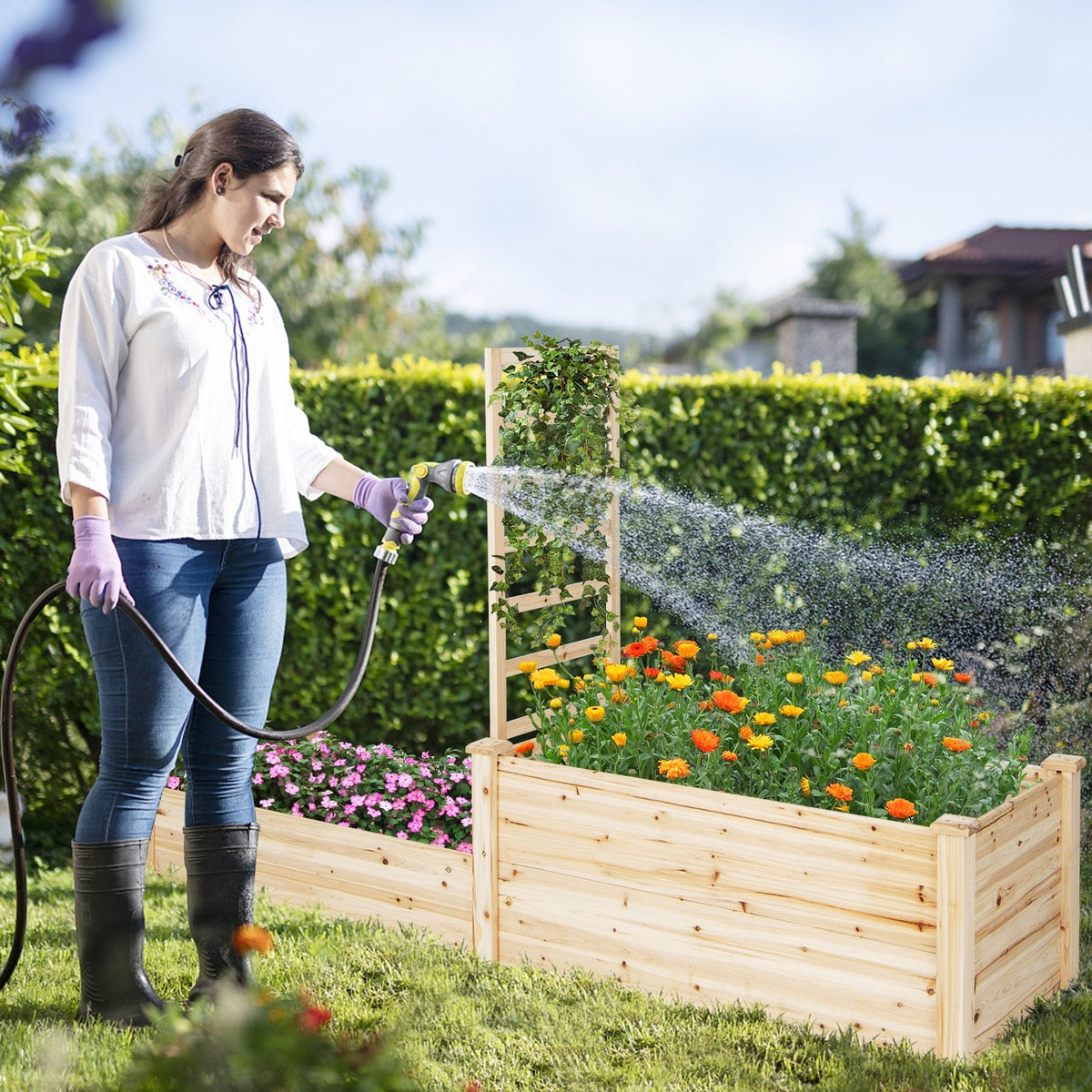 Raised Garden Bed with Trellis-Natural view 2
