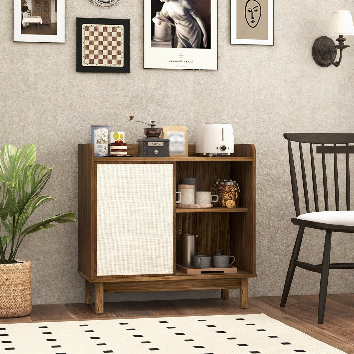 Rattan Buffet Sideboard Mid Century Floor Storage Cabinet with Sliding Door and Adjustable Shelves-Walnut view 3