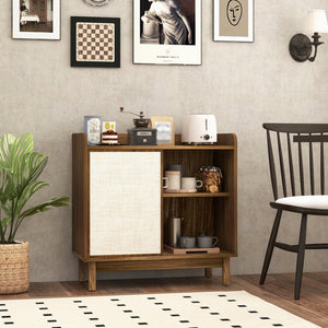 Rattan Buffet Sideboard Mid Century Floor Storage Cabinet with Sliding Door and Adjustable Shelves-Walnut view 3