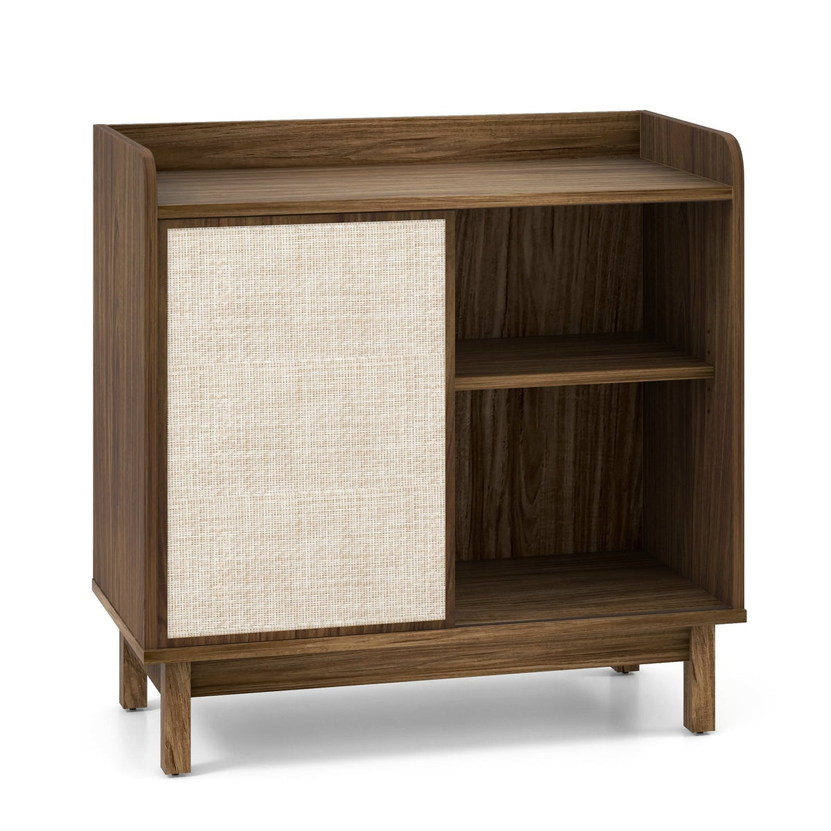 Rattan Buffet Sideboard Mid Century Floor Storage Cabinet with Sliding Door and Adjustable Shelves-Walnut view 4