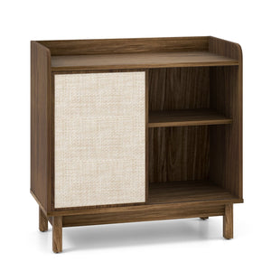 Rattan Buffet Sideboard Mid Century Floor Storage Cabinet with Sliding Door and Adjustable Shelves-Walnut view 4
