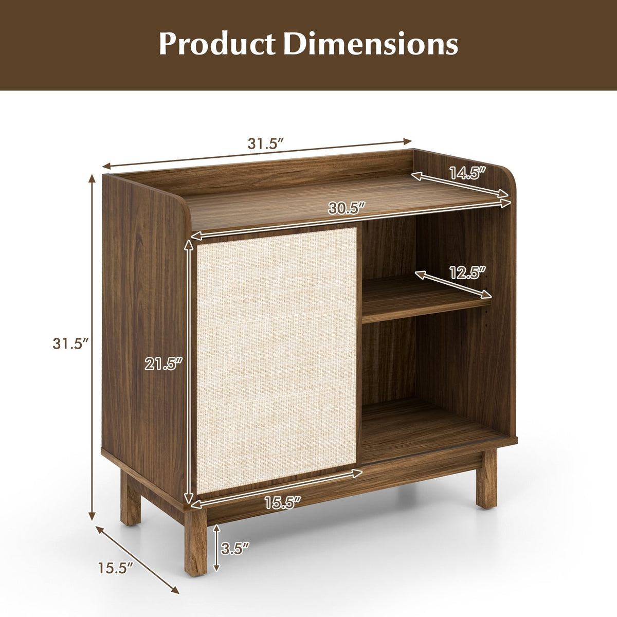 Rattan Buffet Sideboard Mid Century Floor Storage Cabinet with Sliding Door and Adjustable Shelves-Walnut view 5