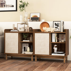 Rattan Buffet Sideboard Mid Century Floor Storage Cabinet with Sliding Door and Adjustable Shelves-Walnut view 6