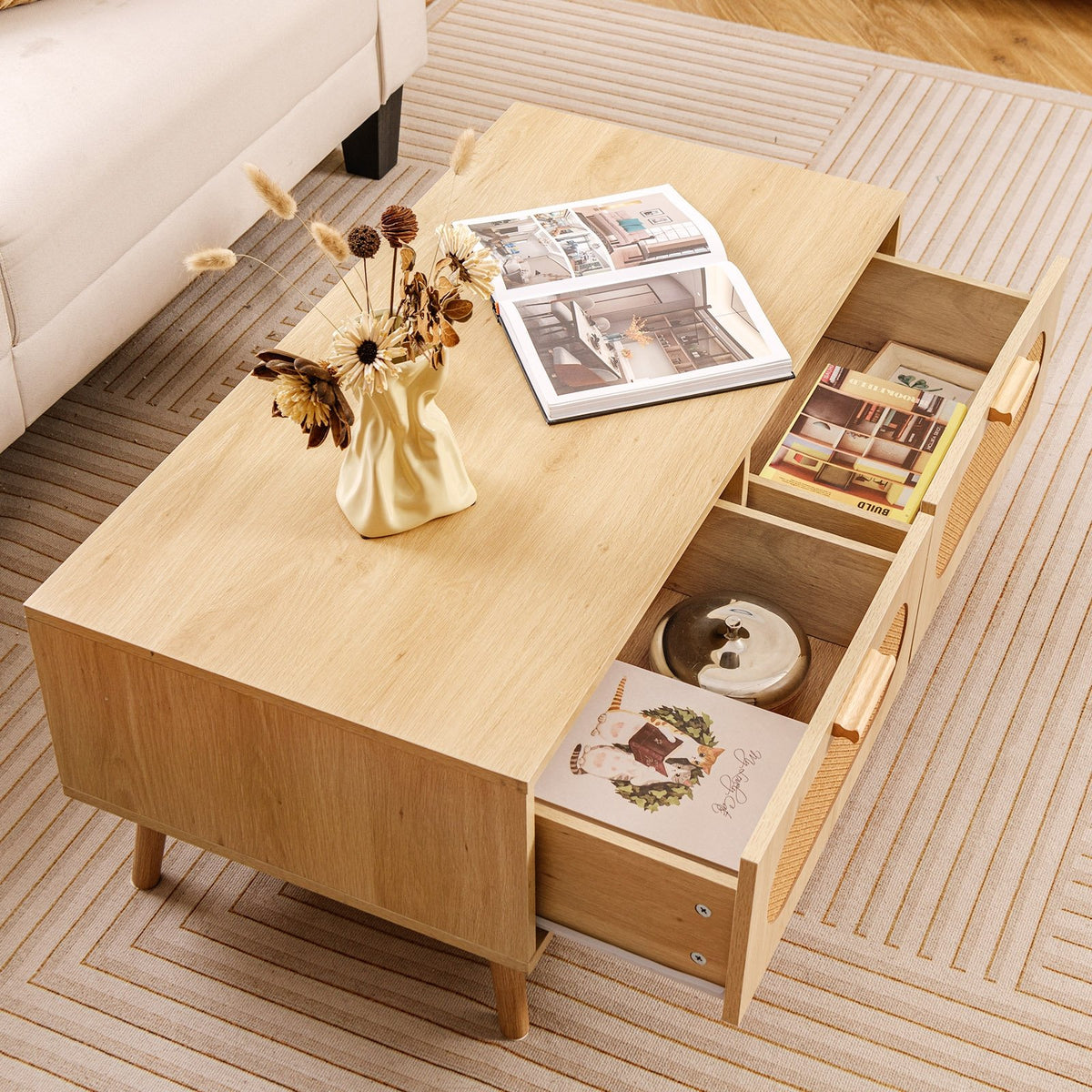 Rattan Coffee Table Mid Century Modern Center Table with 2 Storage Drawers-Natural view 6