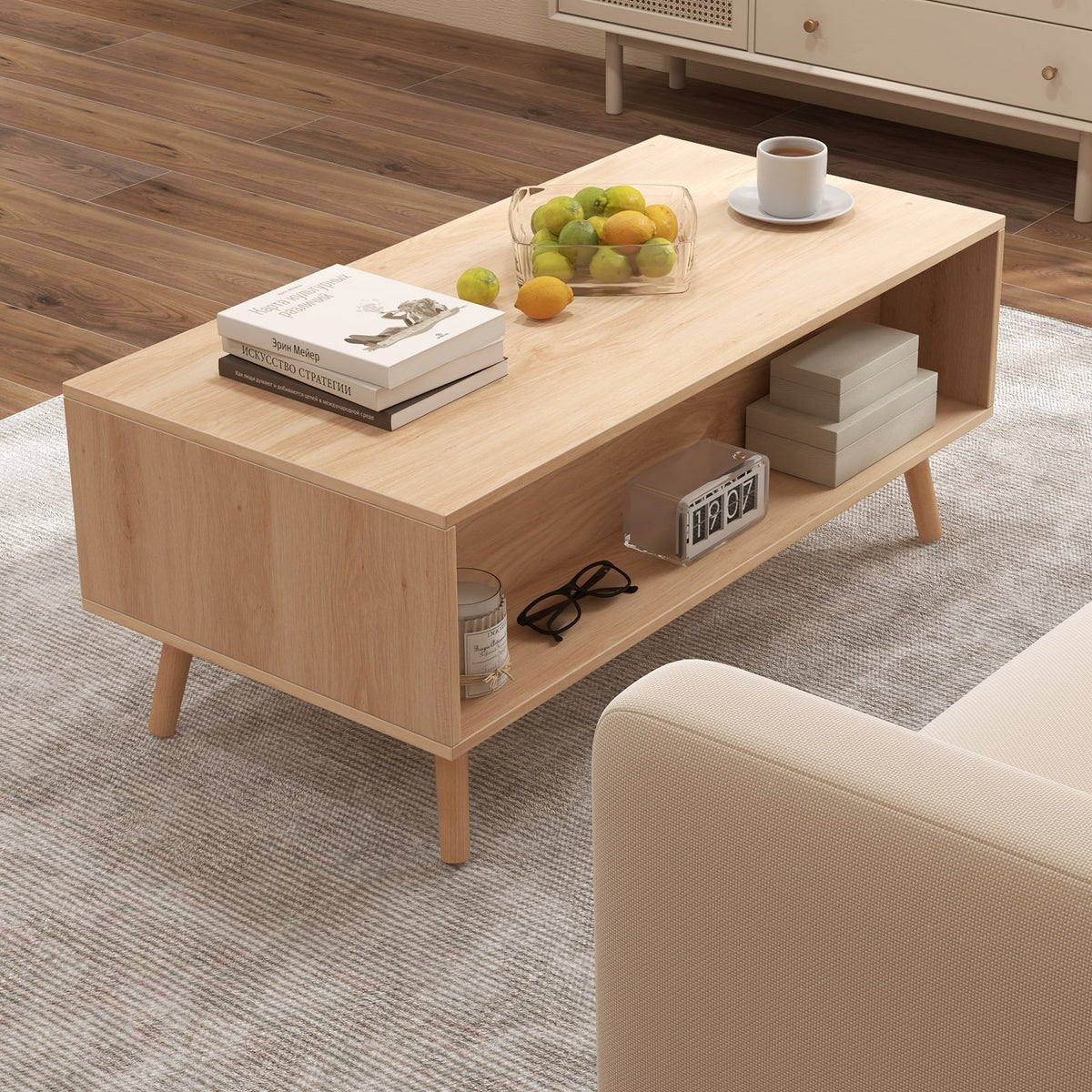 Rattan Coffee Table Mid Century Modern Center Table with 2 Storage Drawers-Natural view 7