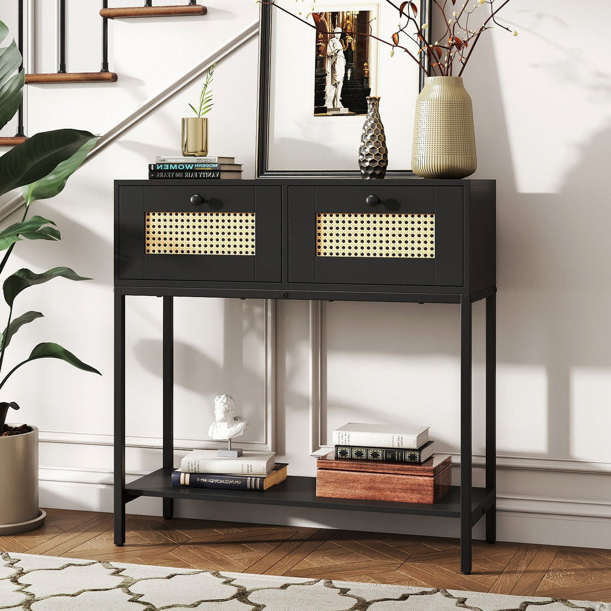 Rattan Console Table Boho Entryway Table with 2 Rattan Drawers and Open Storage Shelf-Black view 3