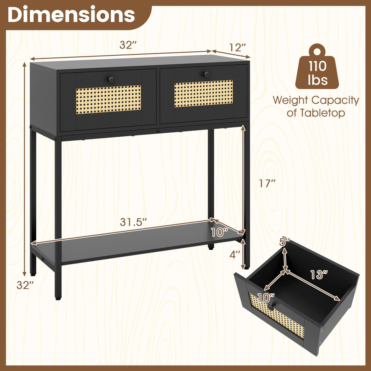 Rattan Console Table Boho Entryway Table with 2 Rattan Drawers and Open Storage Shelf-Black view 5