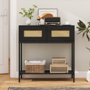 Rattan Console Table Boho Entryway Table with 2 Rattan Drawers and Open Storage Shelf-Black view 6
