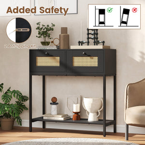 Rattan Console Table Boho Entryway Table with 2 Rattan Drawers and Open Storage Shelf-Black view 8