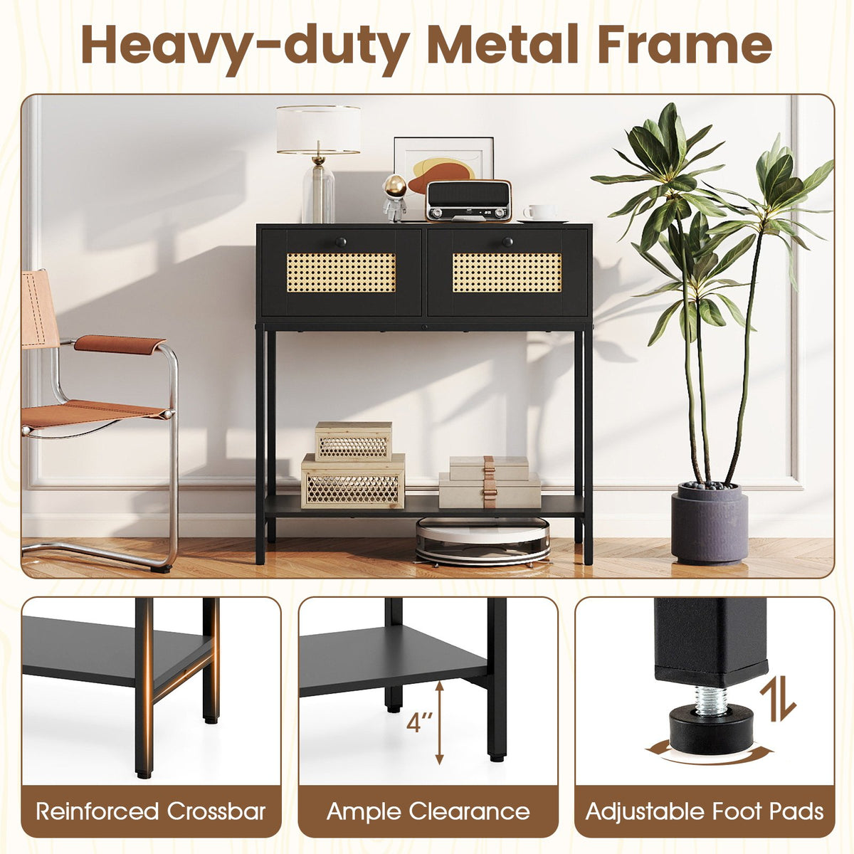 Rattan Console Table Boho Entryway Table with 2 Rattan Drawers and Open Storage Shelf-Black view 9
