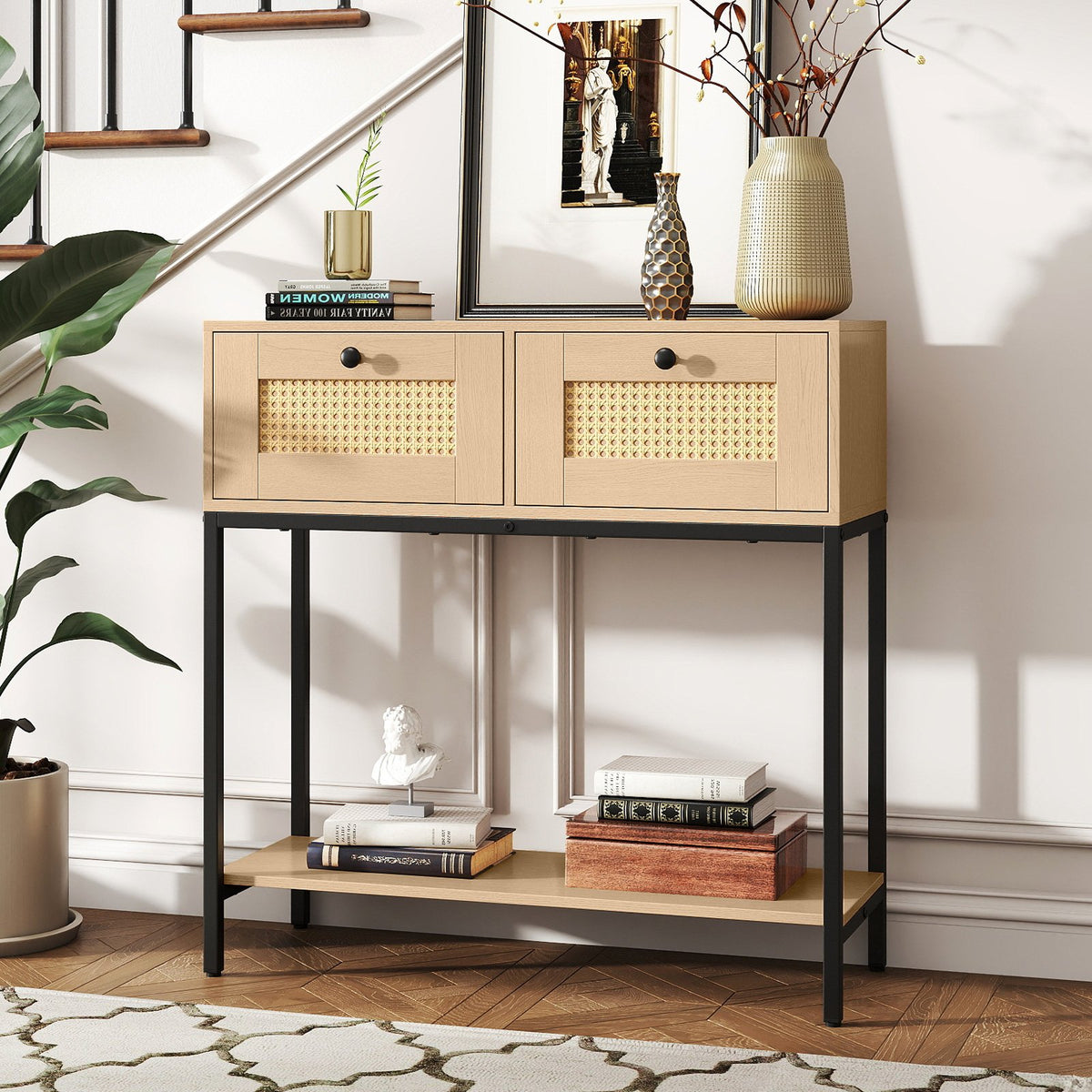 Rattan Console Table Boho Entryway Table with 2 Rattan Drawers and Open Storage Shelf-Oak view 3