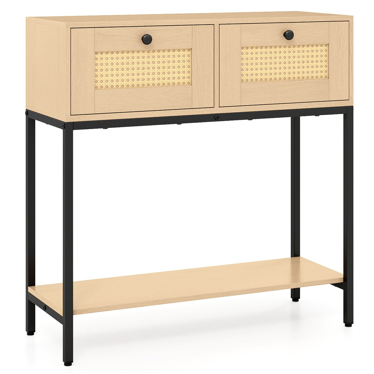 Rattan Console Table Boho Entryway Table with 2 Rattan Drawers and Open Storage Shelf-Oak view 4