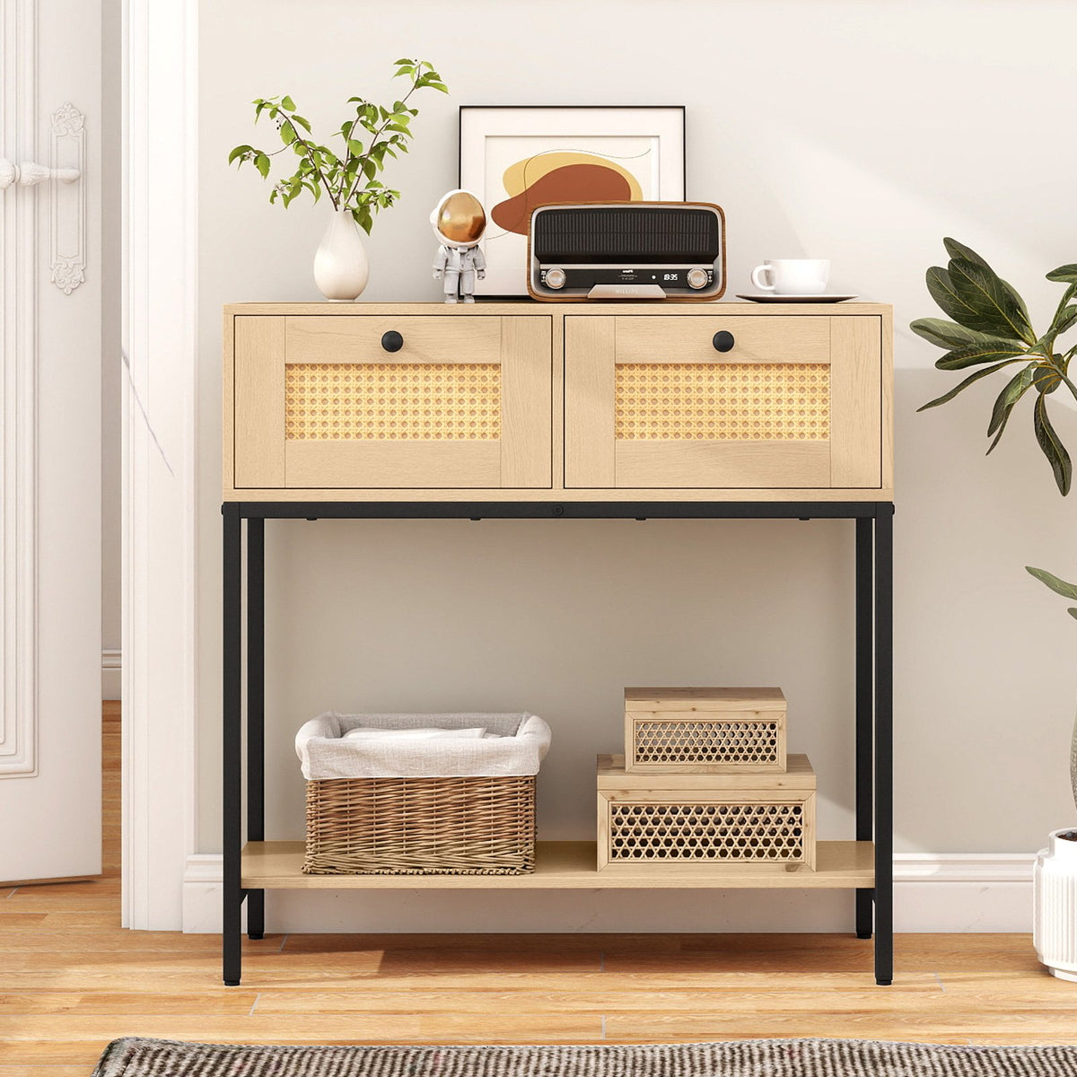 Rattan Console Table Boho Entryway Table with 2 Rattan Drawers and Open Storage Shelf-Oak view 6