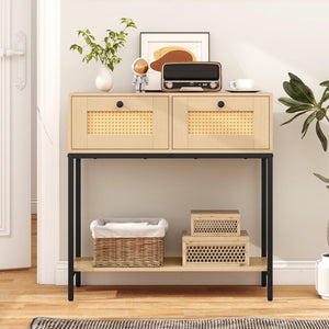 Rattan Console Table Boho Entryway Table with 2 Rattan Drawers and Open Storage Shelf-Oak view 6