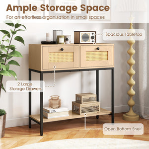 Rattan Console Table Boho Entryway Table with 2 Rattan Drawers and Open Storage Shelf-Oak view 7