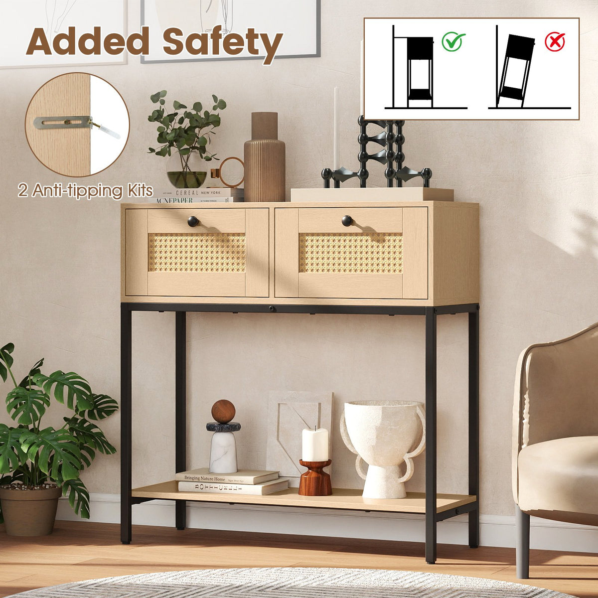 Rattan Console Table Boho Entryway Table with 2 Rattan Drawers and Open Storage Shelf-Oak view 8