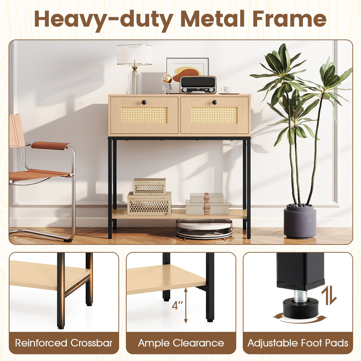 Rattan Console Table Boho Entryway Table with 2 Rattan Drawers and Open Storage Shelf-Oak view 9