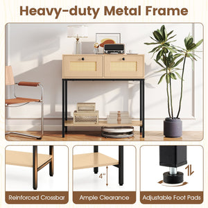 Rattan Console Table Boho Entryway Table with 2 Rattan Drawers and Open Storage Shelf-Oak view 9