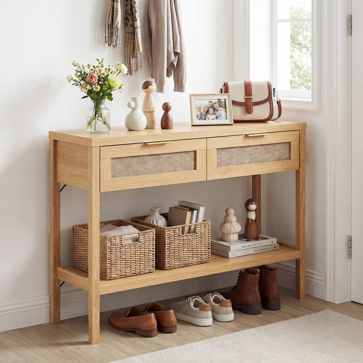 Rattan Console Table with 2 Drawers and Bottom Shelf-Natural view 2