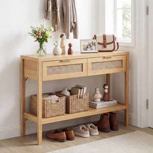 Rattan Console Table with 2 Drawers and Bottom Shelf-Natural view 2