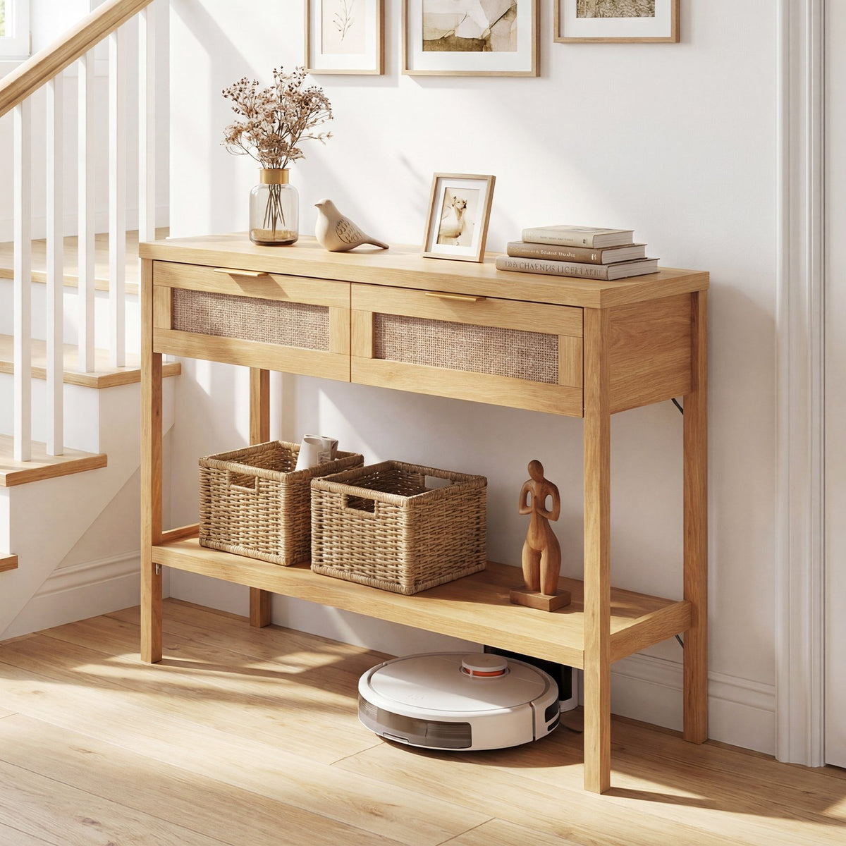 Rattan Console Table with 2 Drawers and Bottom Shelf-Natural view 3