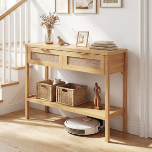Rattan Console Table with 2 Drawers and Bottom Shelf-Natural view 3