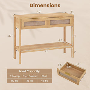 Rattan Console Table with 2 Drawers and Bottom Shelf-Natural view 4
