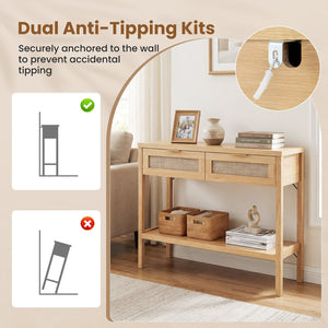 Rattan Console Table with 2 Drawers and Bottom Shelf-Natural view 6