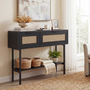 Rattan Console Table with 2 Storage Cabinets Shelf Carbon Steel Frame-Black view 3