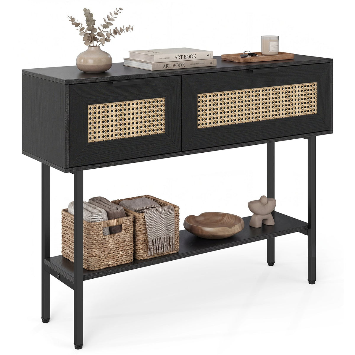 Rattan Console Table with 2 Storage Cabinets Shelf Carbon Steel Frame-Black view 4