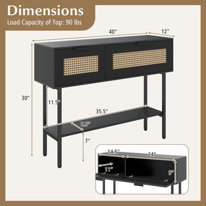 Rattan Console Table with 2 Storage Cabinets Shelf Carbon Steel Frame-Black view 5