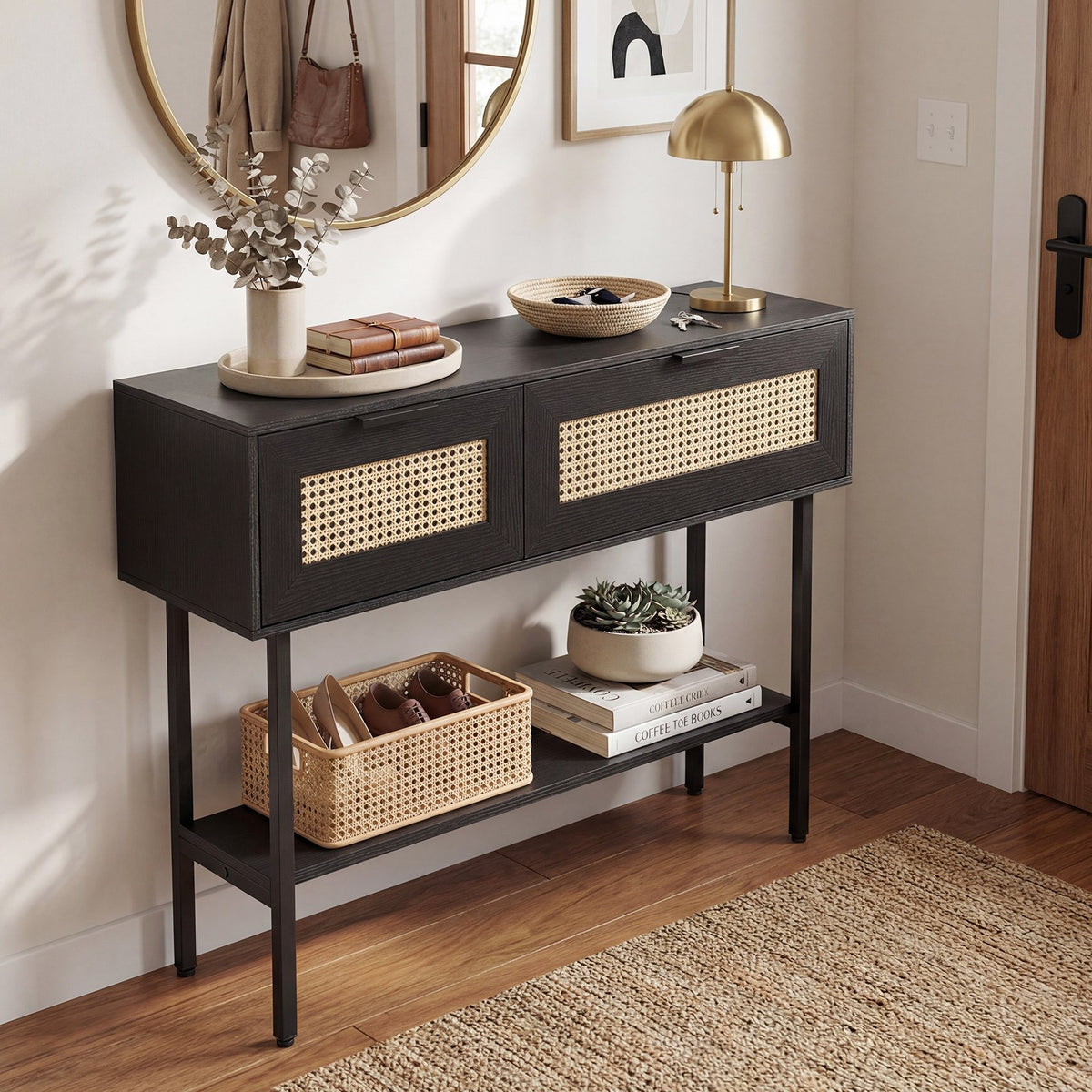 Rattan Console Table with 2 Storage Cabinets Shelf Carbon Steel Frame-Black view 6