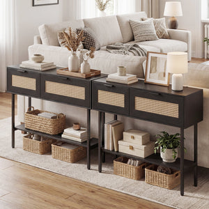 Rattan Console Table with 2 Storage Cabinets Shelf Carbon Steel Frame-Black view 7