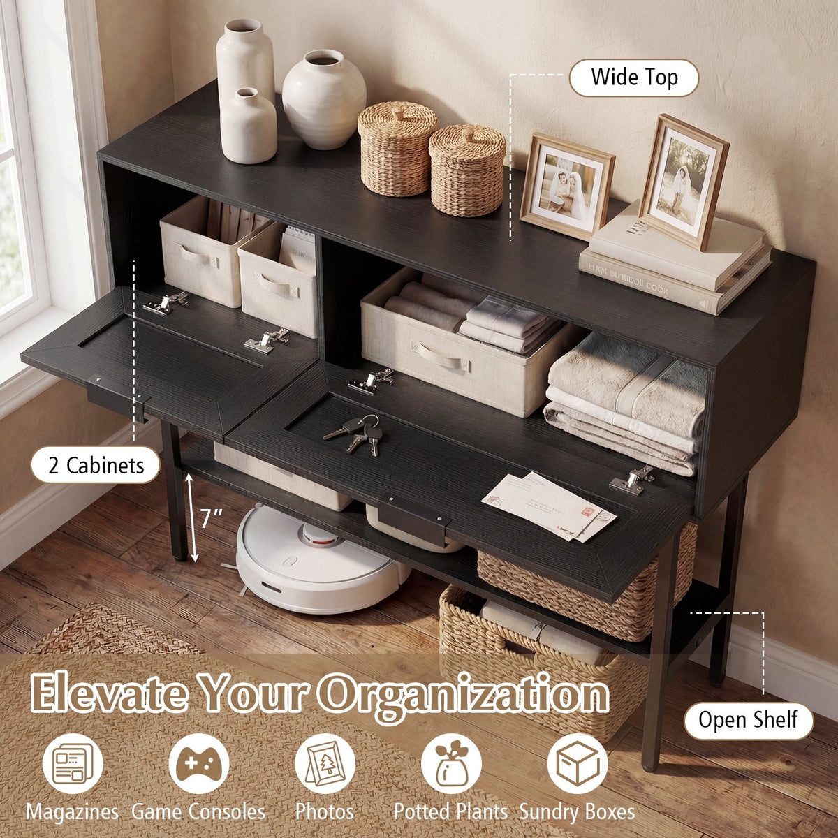 Rattan Console Table with 2 Storage Cabinets Shelf Carbon Steel Frame-Black view 8
