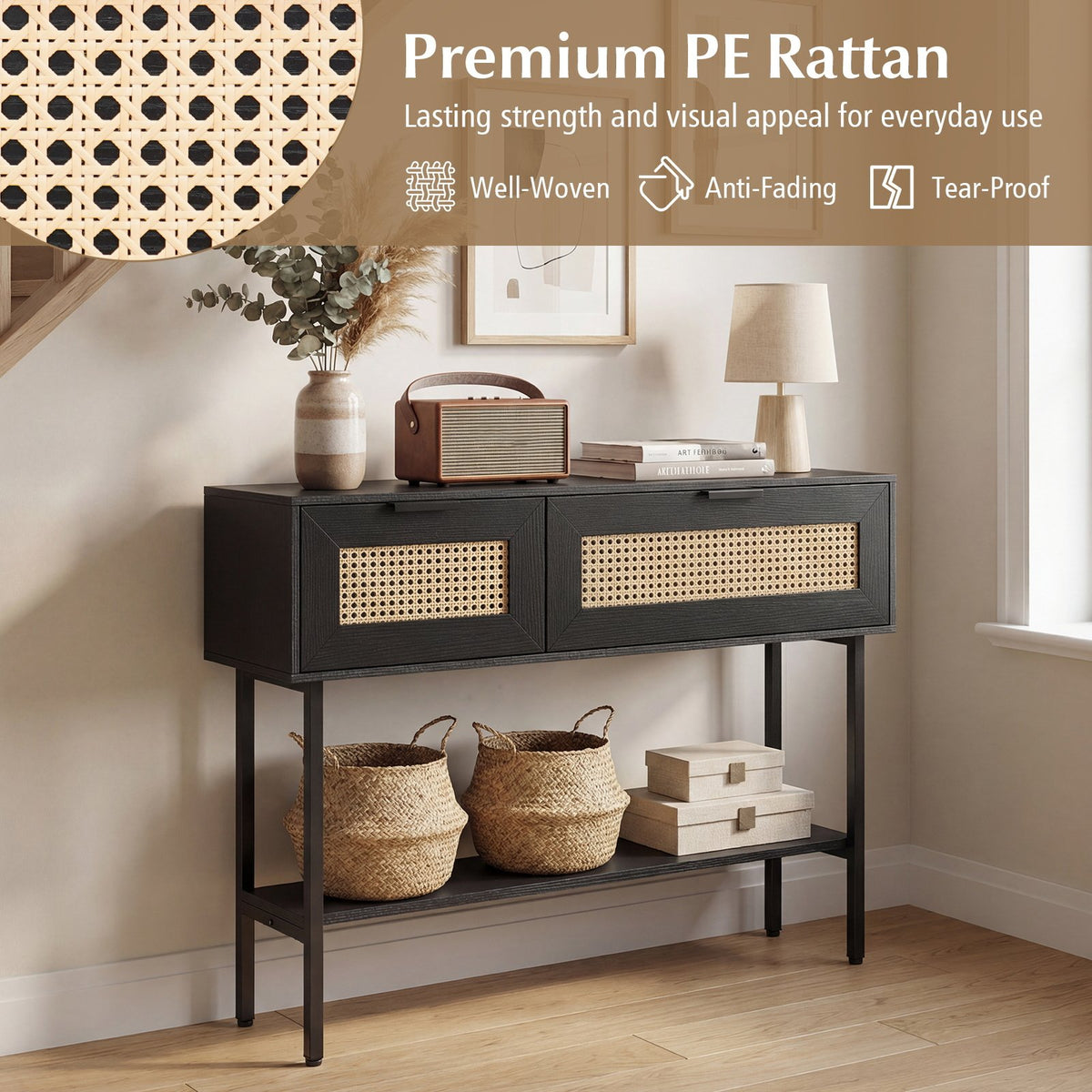 Rattan Console Table with 2 Storage Cabinets Shelf Carbon Steel Frame-Black view 9