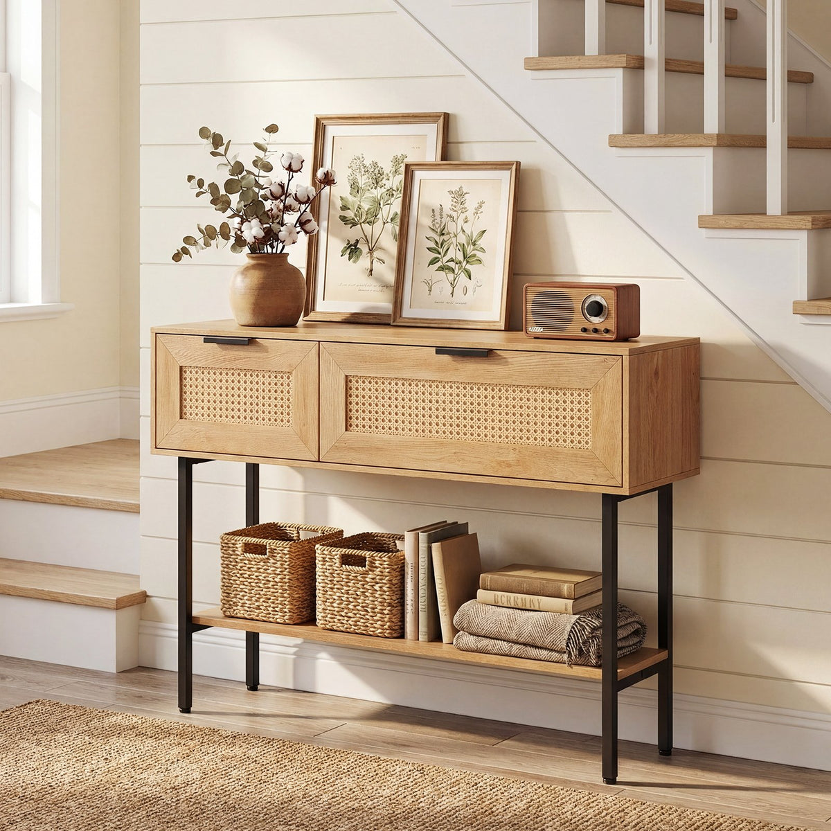 Rattan Console Table with 2 Storage Cabinets Shelf Carbon Steel Frame-Natural view 2