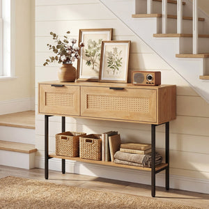 Rattan Console Table with 2 Storage Cabinets Shelf Carbon Steel Frame-Natural view 2