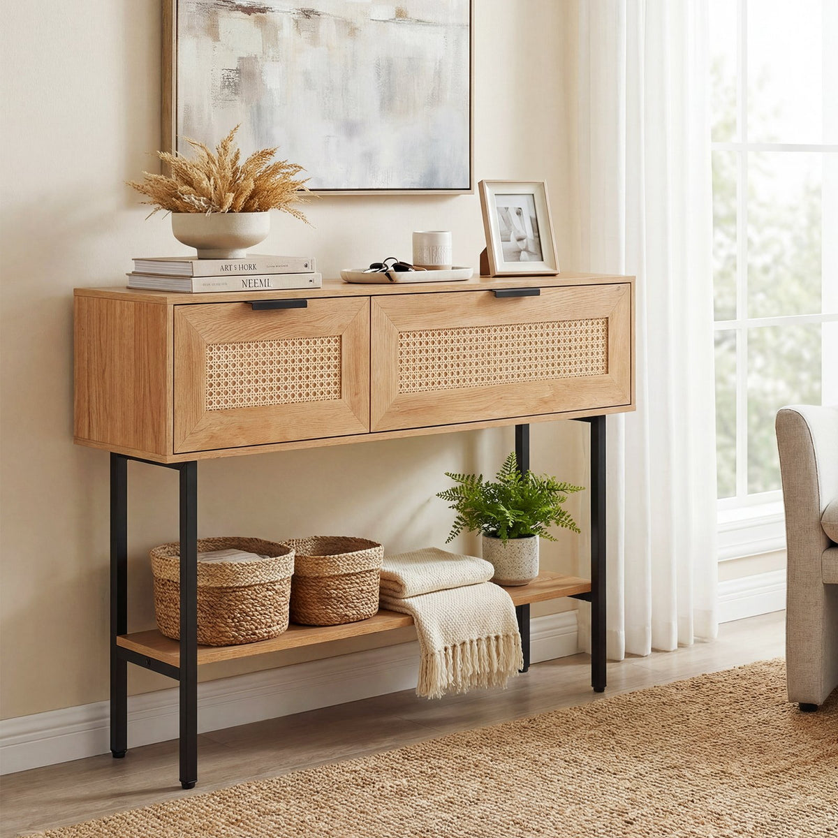 Rattan Console Table with 2 Storage Cabinets Shelf Carbon Steel Frame-Natural view 3