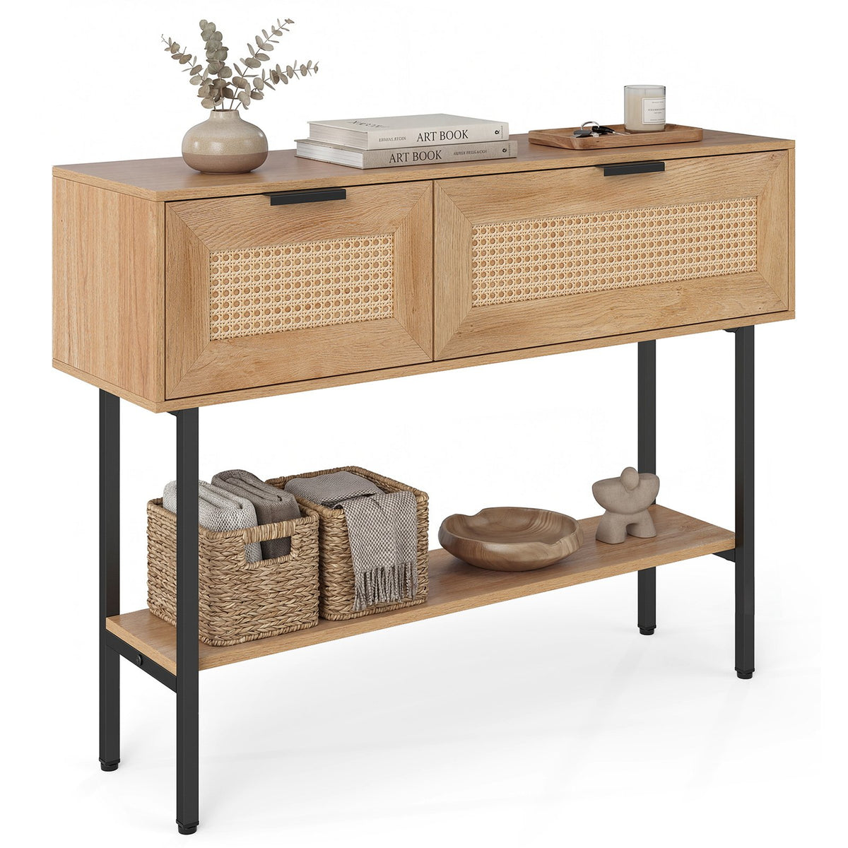 Rattan Console Table with 2 Storage Cabinets Shelf Carbon Steel Frame-Natural view 4
