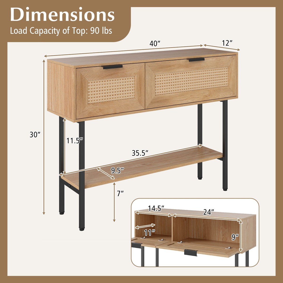 Rattan Console Table with 2 Storage Cabinets Shelf Carbon Steel Frame-Natural view 5