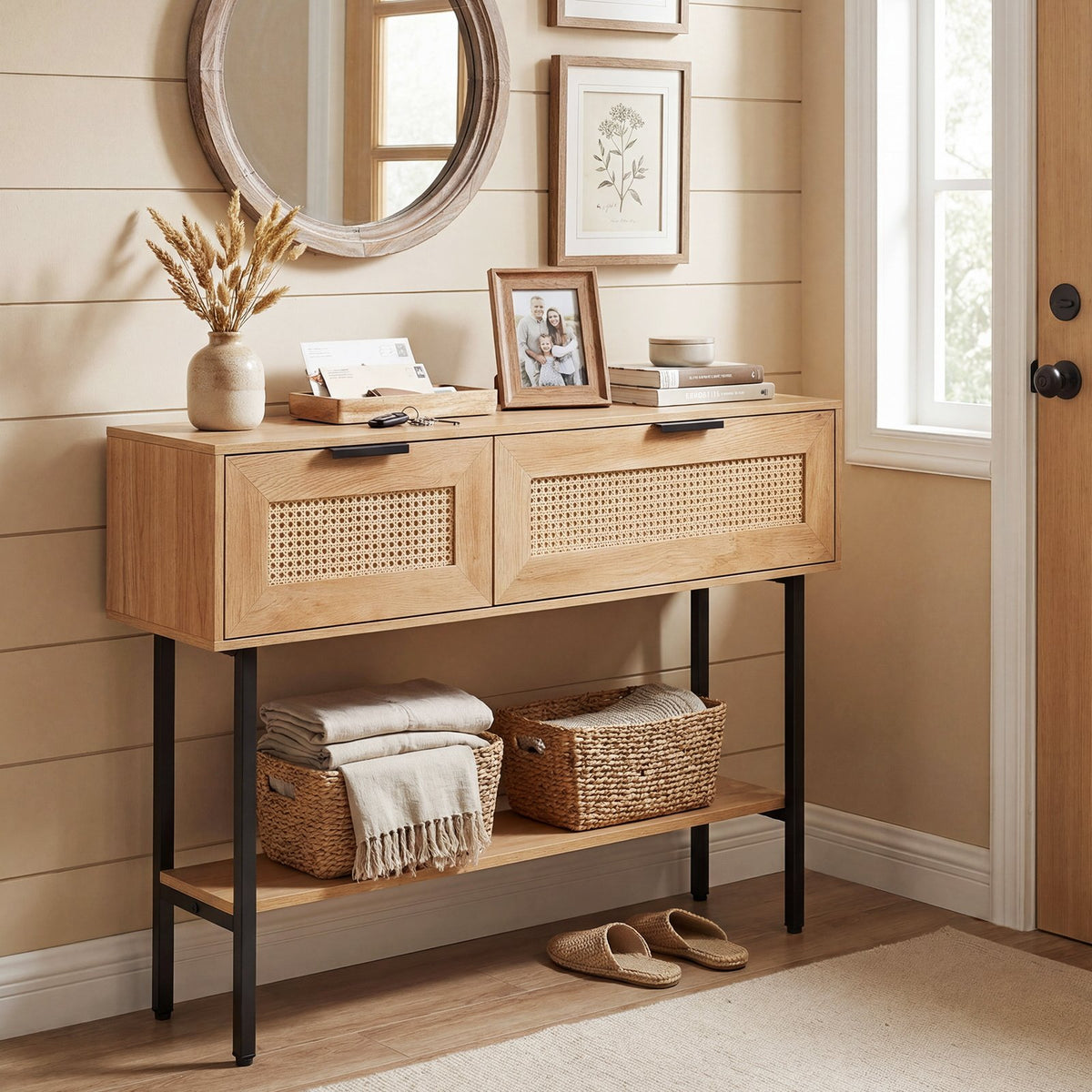 Rattan Console Table with 2 Storage Cabinets Shelf Carbon Steel Frame-Natural view 6