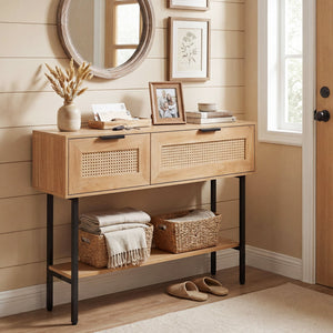 Rattan Console Table with 2 Storage Cabinets Shelf Carbon Steel Frame-Natural view 6